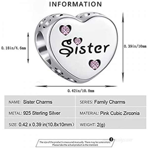 BETTY&SARAH 925 Sterling Silver Mom Sister Charms for Pandora Bracelets Heart Love Charm Bead Mothers Day Birthday Jewelry Gifts for Women