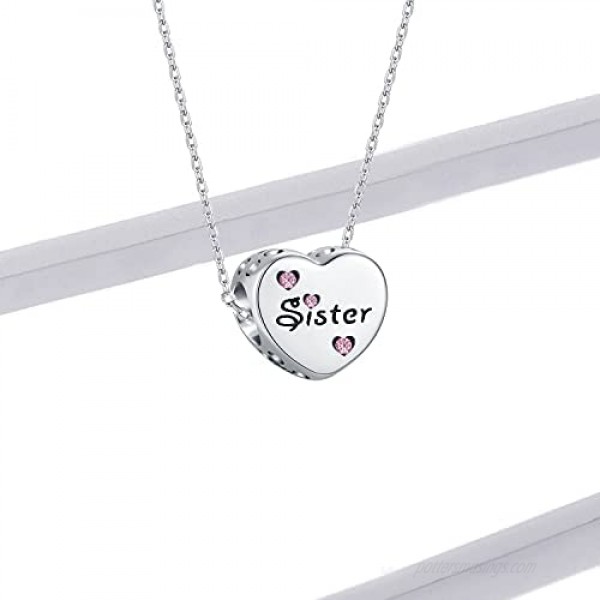 BETTY&SARAH 925 Sterling Silver Mom Sister Charms for Pandora Bracelets Heart Love Charm Bead Mothers Day Birthday Jewelry Gifts for Women
