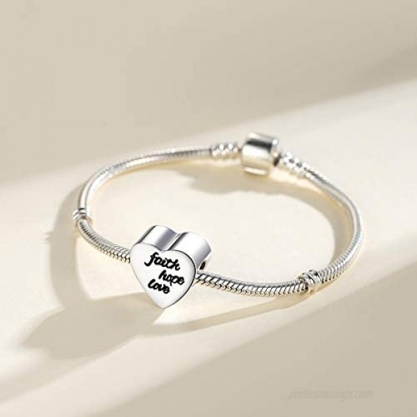 CLYQCL Charms Beads Fit Pandora charms Bracelet and Necklaces Love Heart Shape Charms With Faith Hope Love