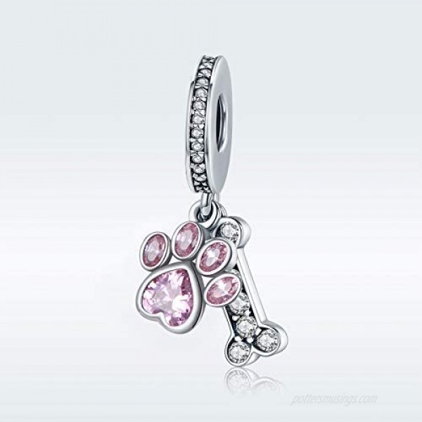 Dog Paw Charm for Charms Bracelet Pink Enamel CZ Paved Bead Charms Birthday Jewelry Gifts