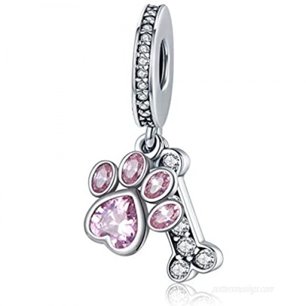 Dog Paw Charm for Charms Bracelet Pink Enamel CZ Paved Bead Charms Birthday Jewelry Gifts