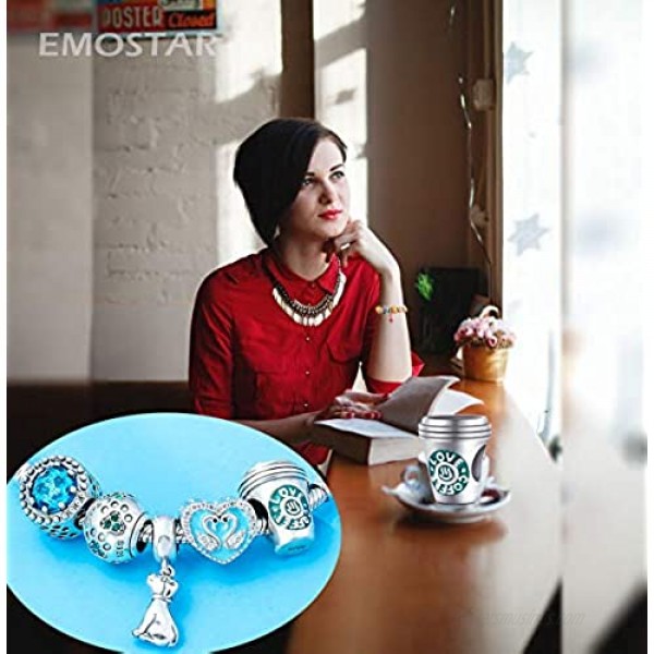 EMOSTAR Love Coffee and Champagne Drink Charms 925 Sterling Silver Coffee Cup Wine Glass Pineapple Beverage Cup Charms Ice Cream Cone Cocktail Goblet Corn Candy Pendant for Women Bracelet