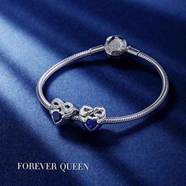 FOREVER QUEEN Birthstone Charms for Charms Bracelet- 925 Sterling Silver Love Heart Beads Infinite Love Charms Happy Birthday Charms for Bracelet and Necklace