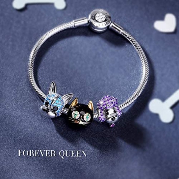 FOREVER QUEEN Black Cat Charm in 925 Sterling Silver with Black Enamel& 5A Zircon for Pandora Bracelet Necklace Animal Head Bead Charm- Your Lucky Cat Women Men Girls Boys Gifts