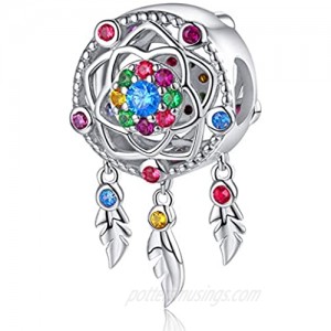 FOREVER QUEEN Dream Catcher Charm fit Charms Bracelet 925 Sterling Silver Feathers Tassel Bead Charm with Colorful Stones Pendant for European Necklace Jewelry