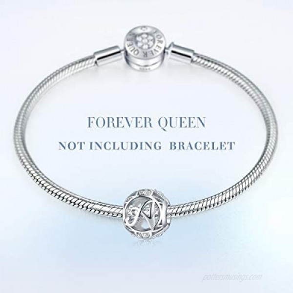 FOREVER QUEEN Letter Charm Initial A-Z Alphabet Charm Dangle Charm for Bracelet Necklace 925 Sterling Silver CZ Beads Charm Personalized Gift Jewelry