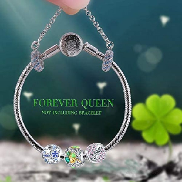 FOREVER QUEEN Lucky Clover Charm Bead 5A Cubic Zirconia 925 Sterling Silver Charms Pendant for Bracelets and Necklace for Women Girls with Elegant Gift Box