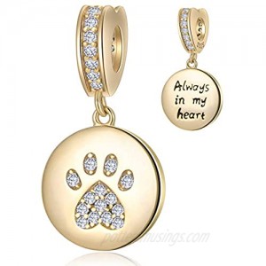 GEMDAZZ Sparkling Puppy Paw Print Charms in 925 Sterling Silver Pave Dog Pawprint CZ Round Beads and Always in My Heart Charms Gift for Animal Lover fit European Women Bracelet/Necklace