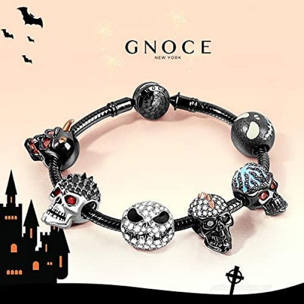 GNOCE Jack Skull Charm Bead 925 Sterling Silver Beads Charms Black Plated with Cubic Zirconia for Bracelet Necklace Halloween Jewelry Gift