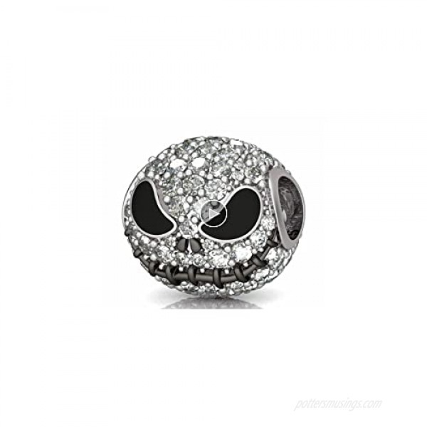 GNOCE Jack Skull Charm Bead 925 Sterling Silver Beads Charms Black Plated with Cubic Zirconia for Bracelet Necklace Halloween Jewelry Gift
