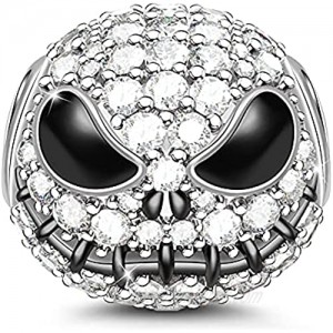 GNOCE "Jack Skull Charm Bead 925 Sterling Silver Beads Charms Black Plated with Cubic Zirconia for Bracelet Necklace Halloween Jewelry Gift