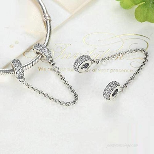 Heart Clasp Safety Chain Charm Authentic 925 Sterling Silver Clip Lock Stopper Charm Spacer Beads for Charms Bracelets (Crystal Safety Chain)