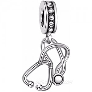 HQCROW 925 Sterling Silver Nurse Stethoscope Vintage Dangle Charms Bead for European Charm Bracelet