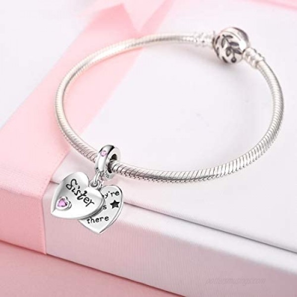 JIAYIQI Mother Sister Daughter Wife Charms Fit Pandora Charms Bracelet with Double Heart Love Charms 925 Sterling Silver Beads for Women Gift