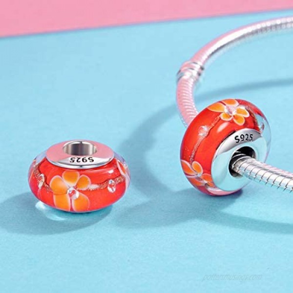JIAYIQI Murano Glass Charm Fit Pandora Charm Bracelets 925 Sterling Silver Flower Charm Glass Bead for Bracelet and Necklace