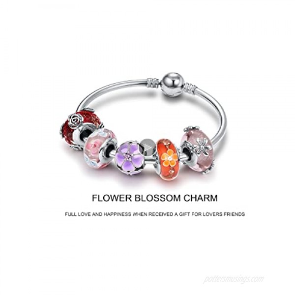 JIAYIQI Murano Glass Charm Fit Pandora Charm Bracelets 925 Sterling Silver Flower Charm Glass Bead for Bracelet and Necklace