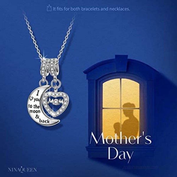 NINAQUEEN Mom I love you to the moon & back 925 Sterling Silver Women Dangle Charms with 5A Cubic Zirconia Best Gift for Mom with Jewelry Box Fit for Pandora Charms Bracelet
