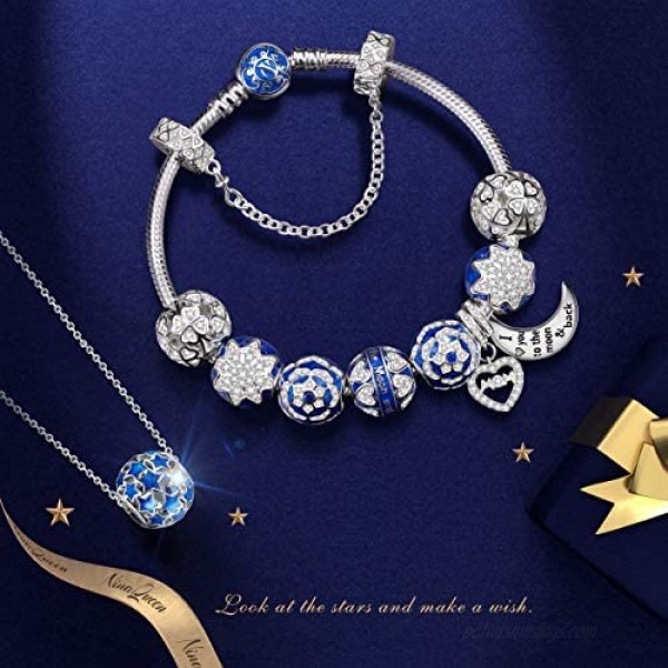 NINAQUEEN Sparkling Night Sky Sterling Silver Bead Charms 5A Cubic Zirconia and Blue Enamel Applied by Hand Fit for Pandora Charms Bracelet Jewelry Box included for Gift