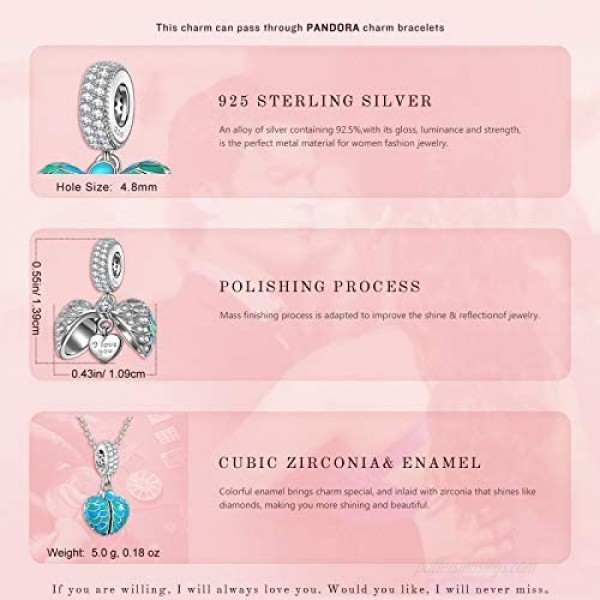 NINAQUEEN Wings of Angel 925 Sterling Silver Heart Charms for Women Engraved with I Love You Forever Fit for Pandora Charms Bracelet Jewelry Box included