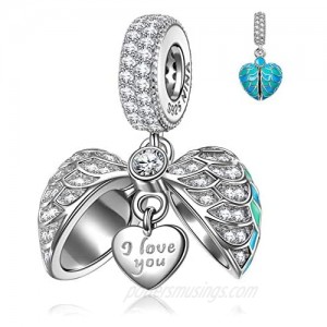 NINAQUEEN "Wings of Angel" 925 Sterling Silver Heart Charms for Women Engraved with "I Love You Forever"  Fit for Pandora Charms Bracelet  Jewelry Box included