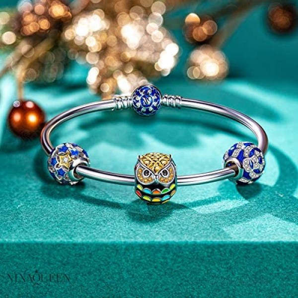 NINAQUEEN Wisdom Owl 925 Sterling Silver Charms Colorful Enamel Applied by Hand Graduation Gifts with Jewelry Box Fit for Pandora Charms Bracelet
