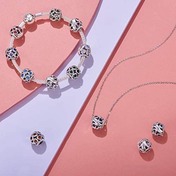 NINGAN Birthstone Charms for Bracelets-925 Sterling Silver Openwork Bead Charms Love Heart Charms for Bracelets and Necklaces Happy Birthday Gifts for Women Girls