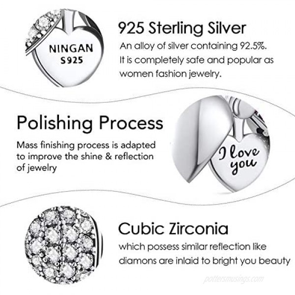 NINGAN “I Love You” Dangle Charm for Pandora Charms Bracelet & Mothers Day Birthday Gifts for Women Heart Pendant Bead Cubic Zirconia for Necklace in 925 Sterling Silver
