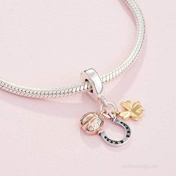 Pandora Jewelry Horseshoe Clover and Ladybird Dangle Cubic Zirconia Charm in Sterling Silver 18CT Gold and 14K Rose Gold