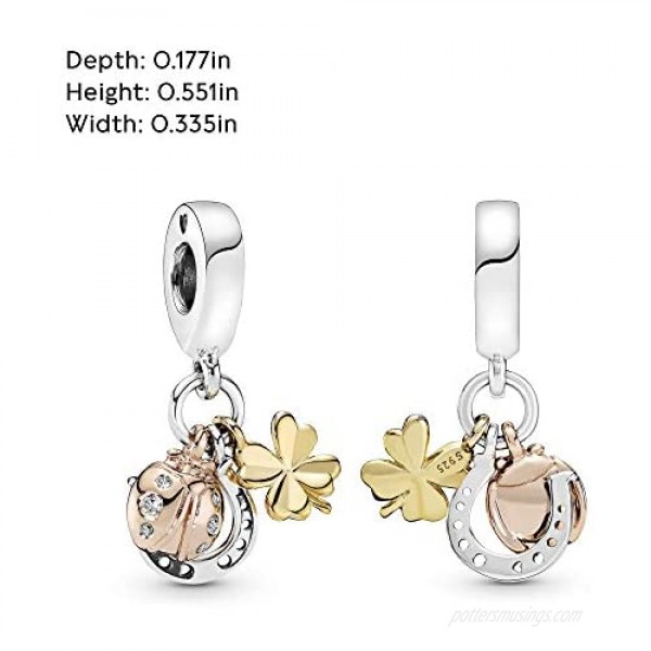 Pandora Jewelry Horseshoe Clover and Ladybird Dangle Cubic Zirconia Charm in Sterling Silver 18CT Gold and 14K Rose Gold