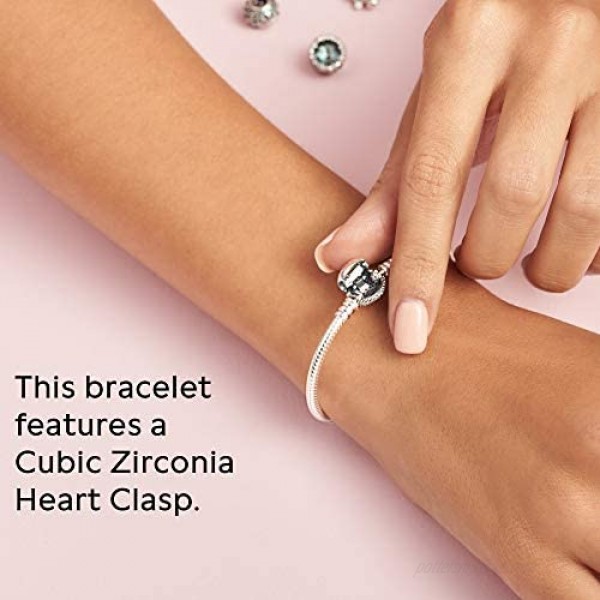 PANDORA Jewelry Moments Sparkling Heart Clasp Snake Chain Charm Cubic Zirconia Bracelet in Sterling Silver