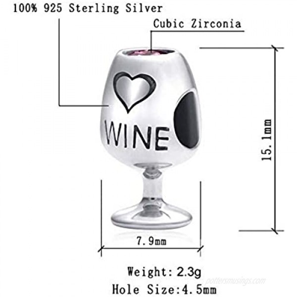 Red Wine Lover Glass Charms fit Pandora 925 Sterling Silver Love Heart Charm Bead Mothers Day Christmas Gifts for Women Girls