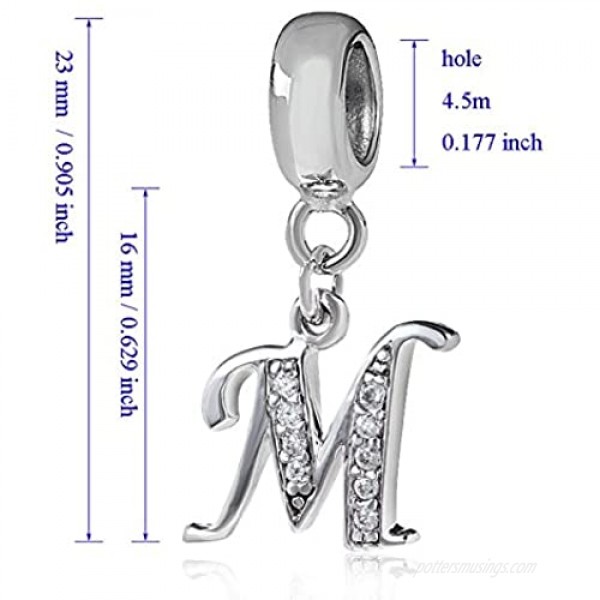 Sambaah Alphabet Charm Letter Beads Solid 925 Sterling Silver with Cubic Stones Complete A~Z Gift Options fit Pandora European Bracelets (M)
