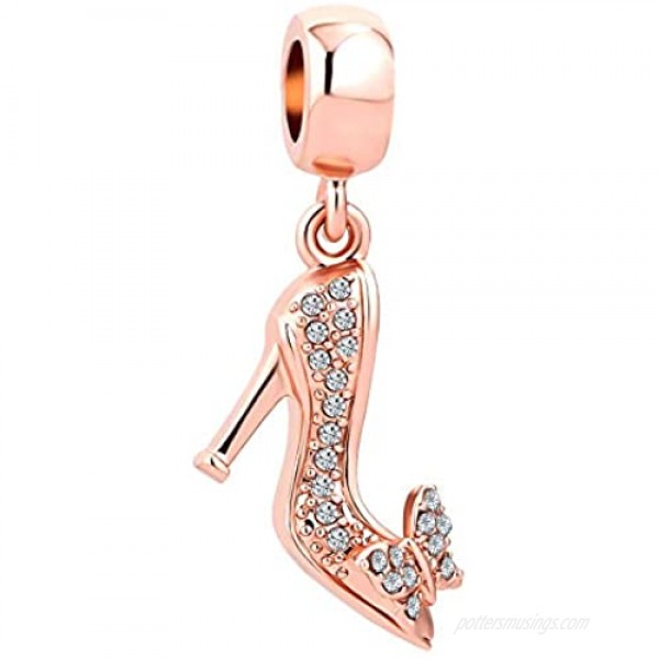 SexyMandala Women's Sparkling Stiletto High Heel Shoes Charms Rose Gold Charms Beads for Pandora Bracelets/Butterfly Dangle