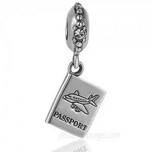 SOUKISS 925 Sterling Silver Dangle Beads Airplane Travel Passport Charm with White Austrian Crystals World Trip Charms for Panodra Bracelet
