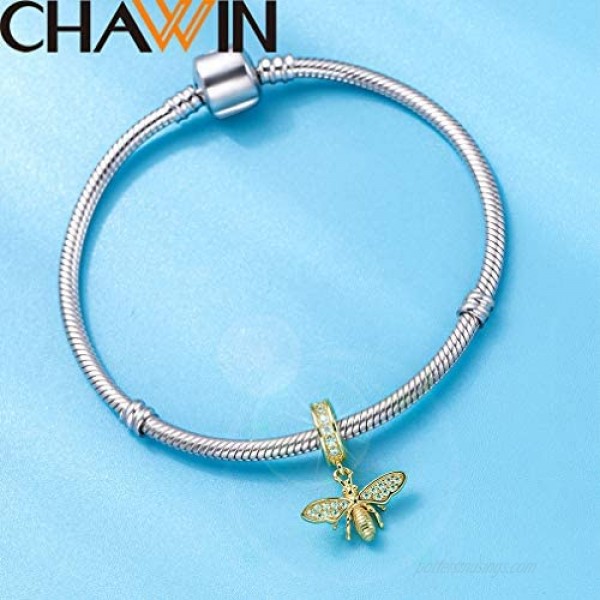 Sparkling Queen Bee Charms Gold Plated 925 Sterling Silver Dangle Charms Insects Nature Garden Charm Beads with Clear CZ Compatible with Pandora Charms Bracelet Necklace Gifts for Women/Wife/Mother/Sister
