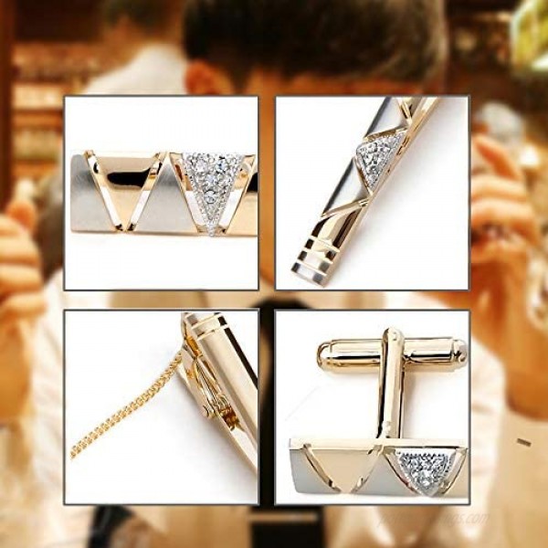 BagTu Two Tone Cufflinks and Tie Clip Set with Gift Box and Greeting Card Stylish Golden Cufflinks and Tie Clip Gift Set for Men