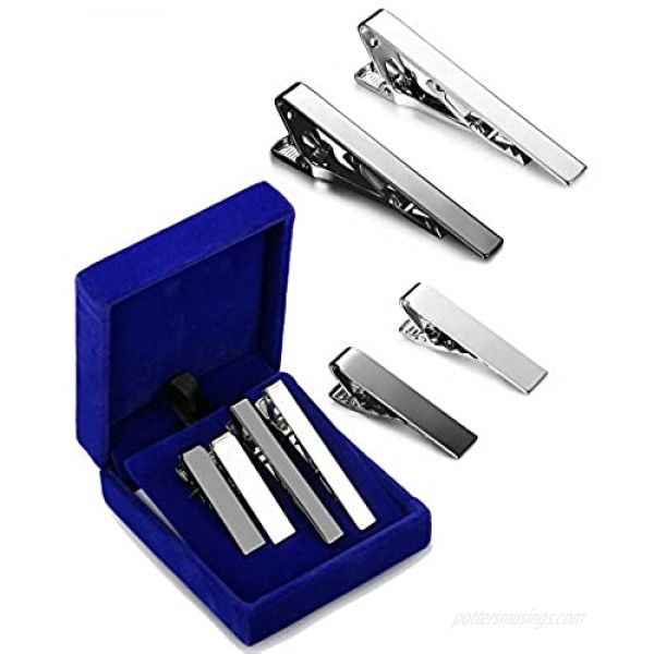 LOYALLOOK 2-4pcs Mens Tie Bar Pinch Clip Set for Regular Ties and Skinny Tie with Gift Box Silver Black Tone Pack 1.5-2.15Inches