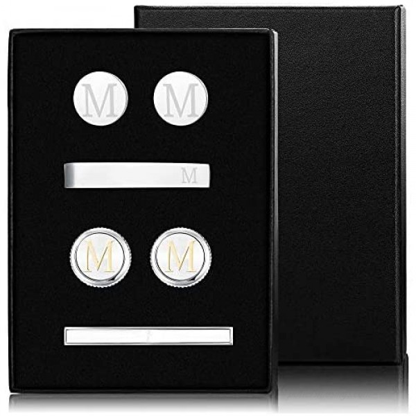 Milacolato Initial Cufflink and Tie Clips Set for Mens Engraved Alphabet Letter Business Wedding Dad Gifts with Box Package A-Z