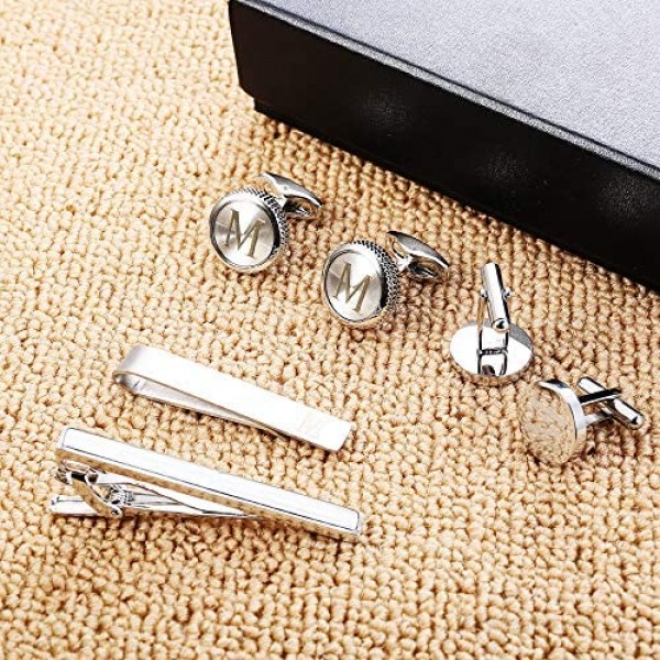Milacolato Initial Cufflink and Tie Clips Set for Mens Engraved Alphabet Letter Business Wedding Dad Gifts with Box Package A-Z