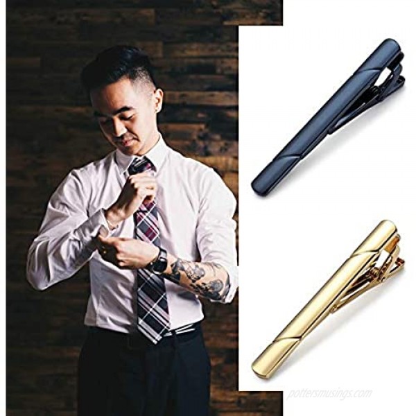 MOZETO Tie Clips for Men Black Gold Blue Gray Silver Tie Bar Set for Regular Ties Luxury Box Gift Ideas (Elegant Style)