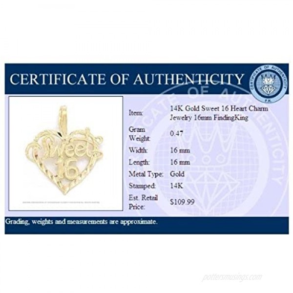 14K Gold Sweet 16 Heart Charm Diamond-Cut Jewelry 16mm