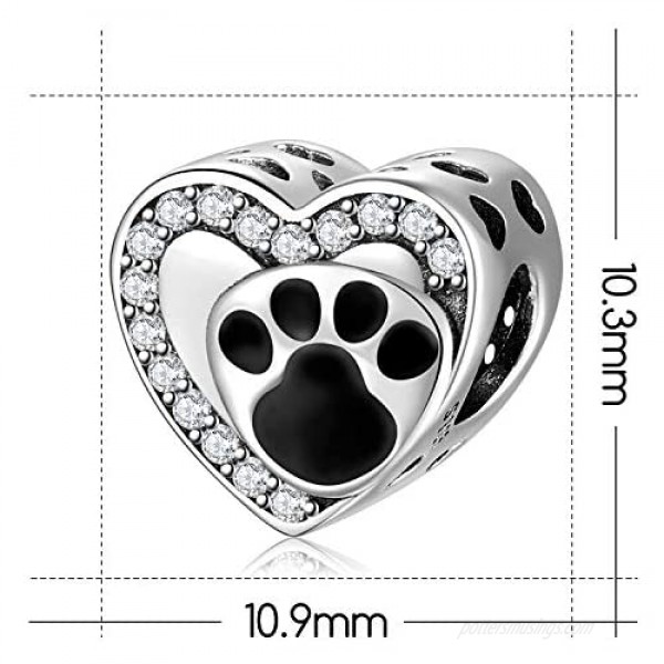 AIEGNOS 925 Sterling Silver Black Pet Paw Print Charm Dazzling CZ Bead Animal Jewelry Charms Beads Gifts for Women Girls Pets Animals Lover Fit European Charms Snake Bracelet