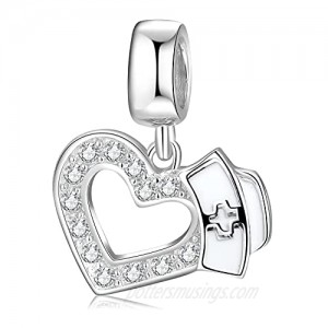 AIEGNOS 925 Sterling Silver Heart Nurse Hat White Zircon Heart Favorite Charm Lovely Jewelry Charms Beads Gifts for Women Girls Fit European Charms Snake Bracelet