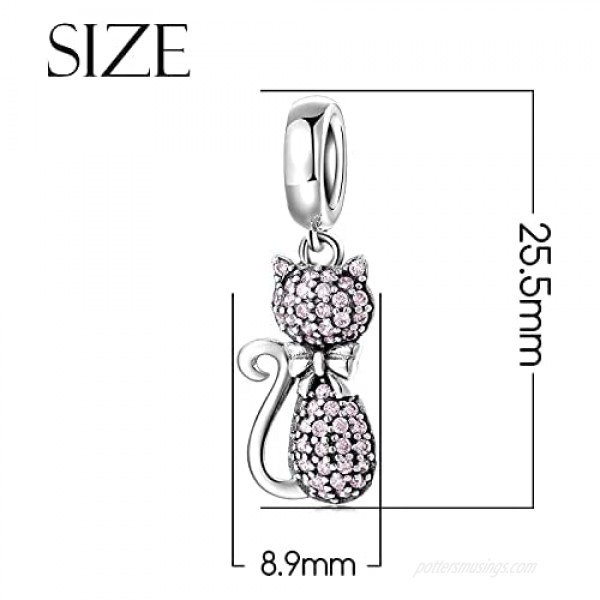 AIEGNOS 925 Sterling Silver Pink Zircon Cat Charm Pendant Jewelry Charms Beads Gifts for Women Girls Fit European Charms Snake Bracelet