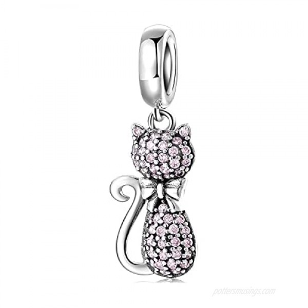 AIEGNOS 925 Sterling Silver Pink Zircon Cat Charm Pendant Jewelry Charms Beads Gifts for Women Girls Fit European Charms Snake Bracelet