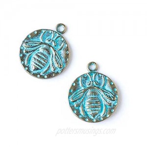 Cherry Blossom Beads Blue/Green Bronze Colored Pewter 20x24mm Bee Coin Charm - - 10 Per Bag