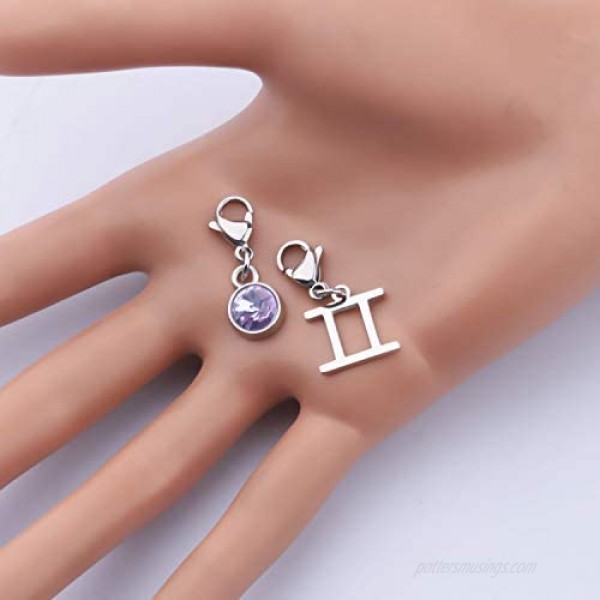 FAADBUK 12 Zodiac Constellation Zodiac Stainless Steel Clasp Clip on Charm Zodiac Sign with Birthstone Charm for Bracelet Necklace Keychain