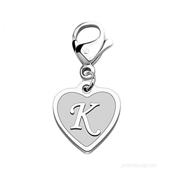 FAADBUK Initial Letter A-Z Alphabet Heart Charm for Bracelet Necklace Keychain Initial Stainless steel Clasp Clip on Charm