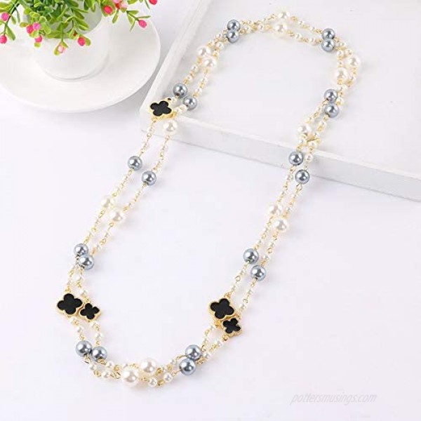 Faux Imitation Pearl and Flower Charm Neckalce