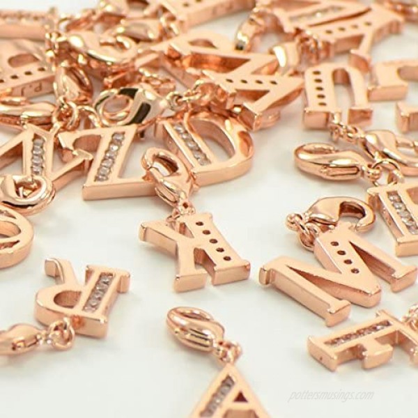 Lobster Clasp Clip On Initial Charms Dangle Cubic Zirconia Letter I Rose Gold Plating